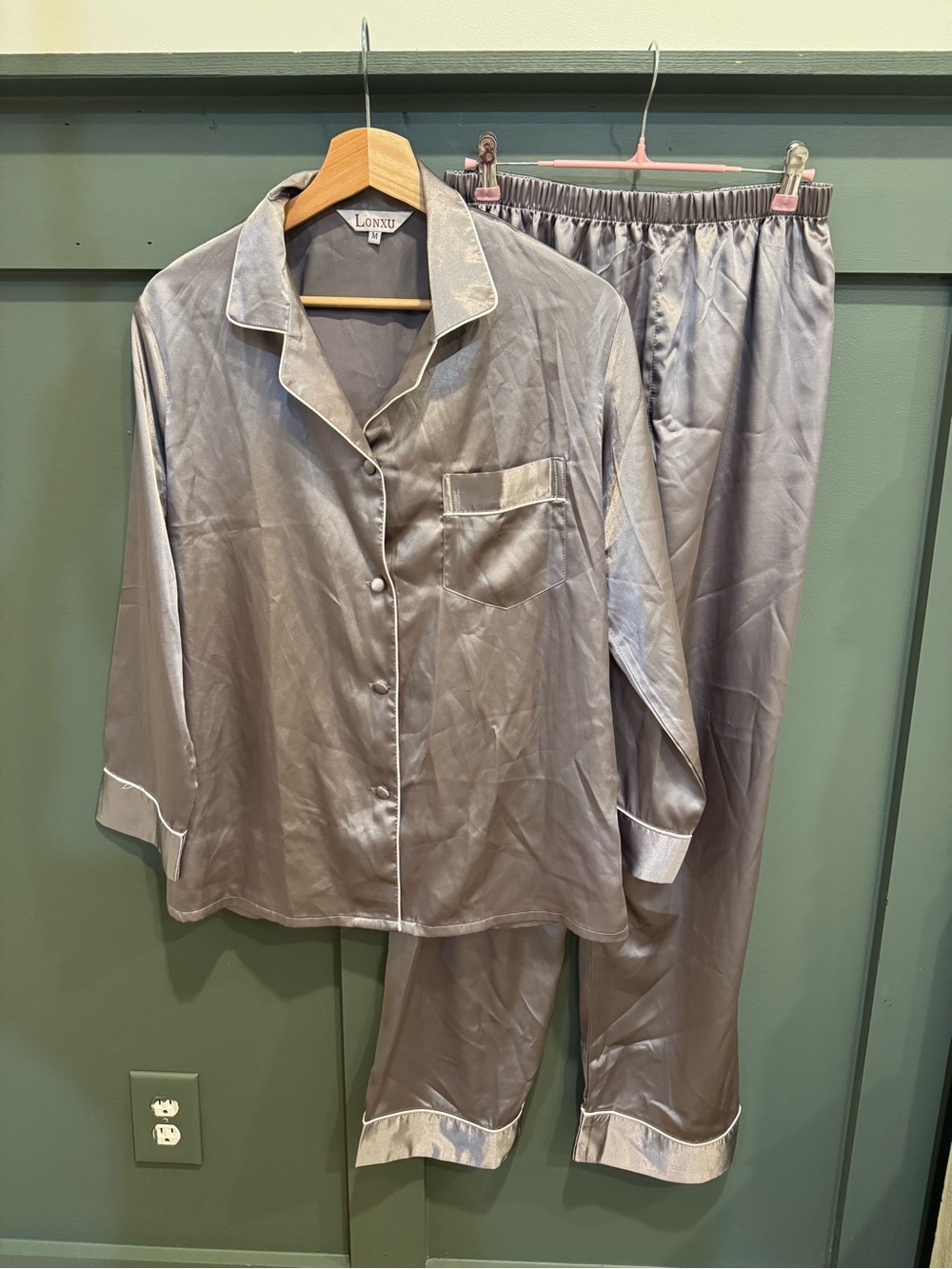 Women's Satin Pajama Set in Silver Gray